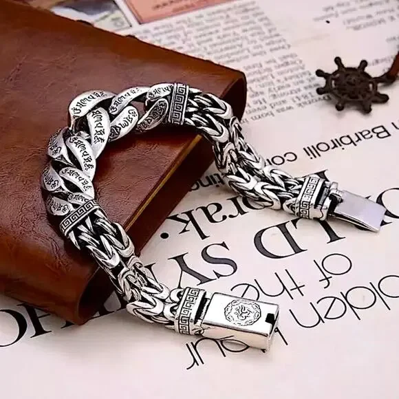 Stainless Steel Chain Link Bracelet, Mantra, Curb Hand Woven Engraved Byzantine